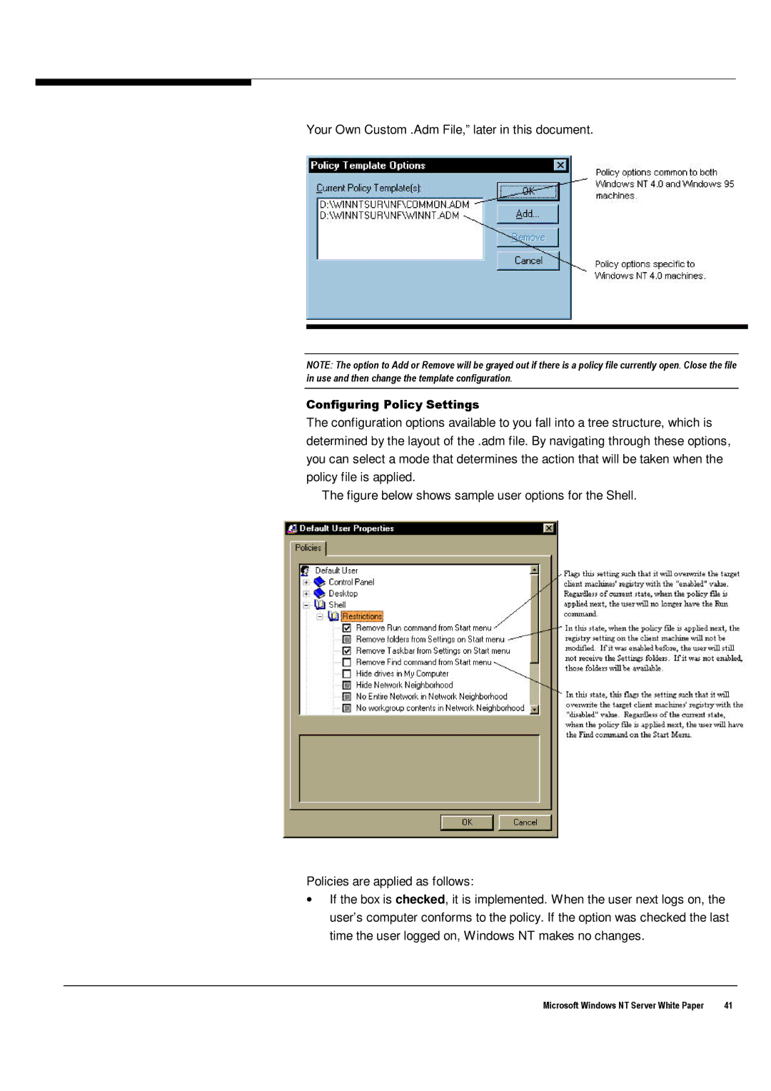 Microsoft Windows NT 4.0 manual Your Own Custom .Adm File,later in this document, Configuring Policy Settings 