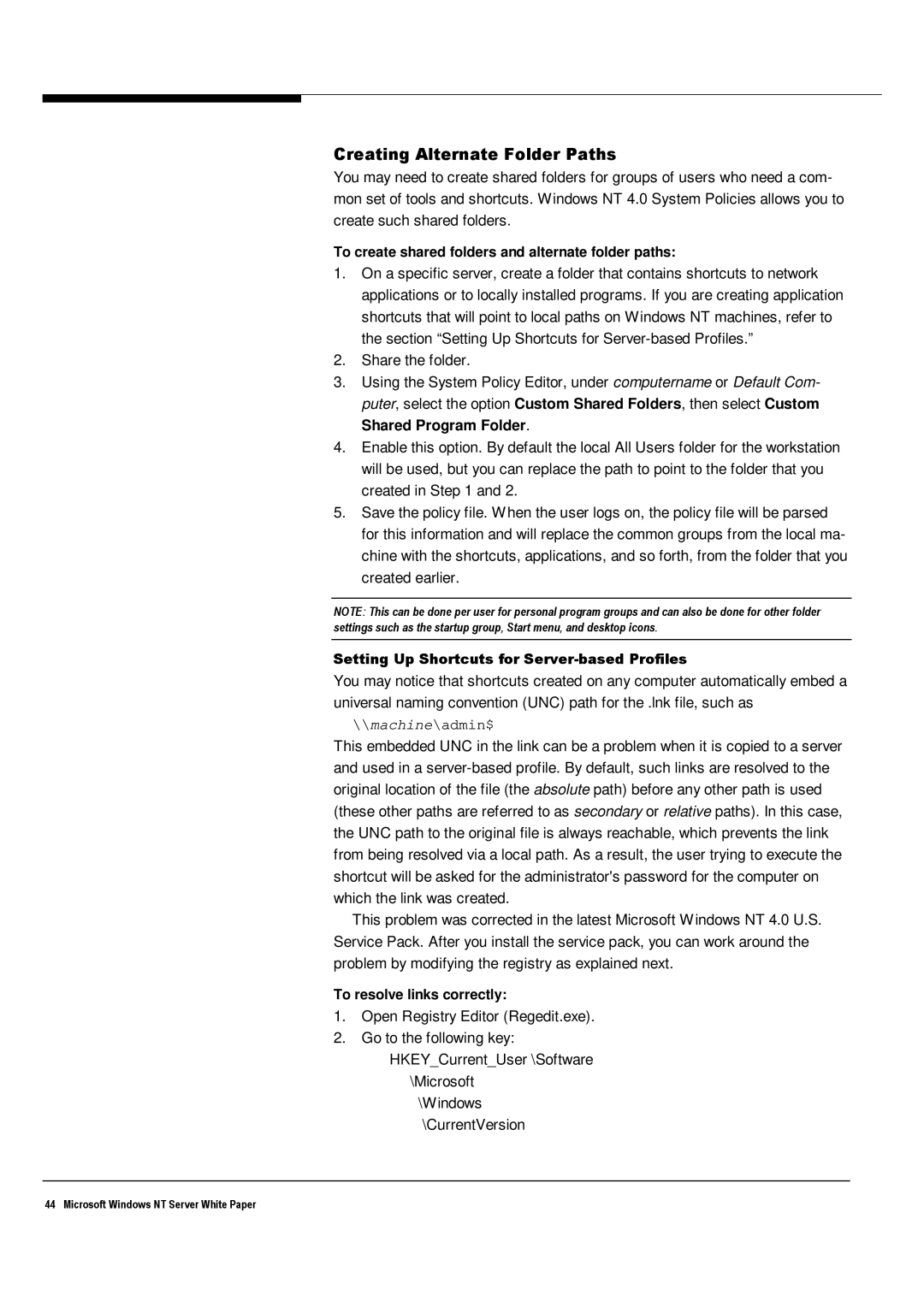 Microsoft Windows NT 4.0 manual Creating Alternate Folder Paths, To create shared folders and alternate folder paths 