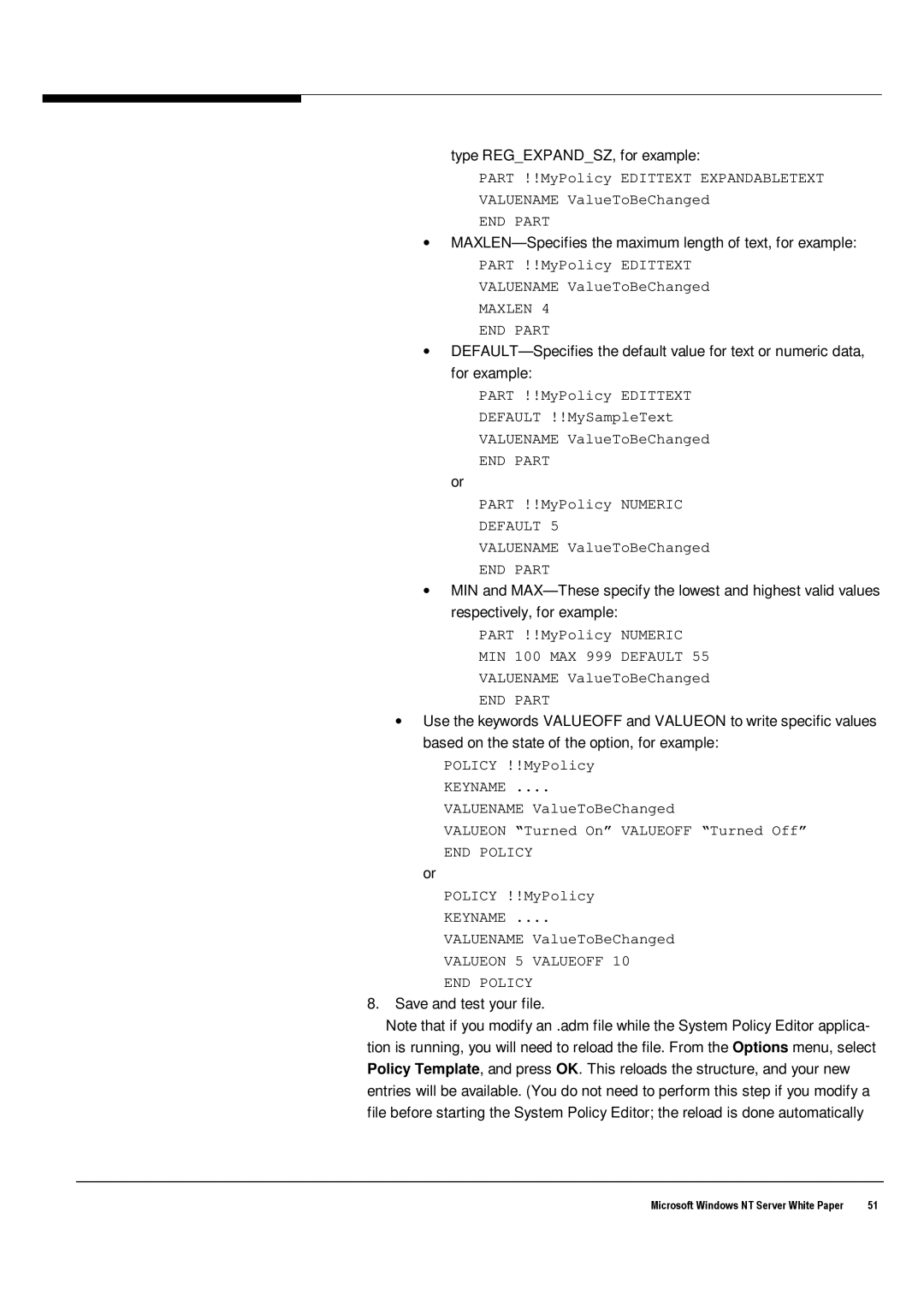 Microsoft Windows NT 4.0 manual Type REGEXPANDSZ, for example, ∙ MAXLEN- Specifies the maximum length of text, for example 