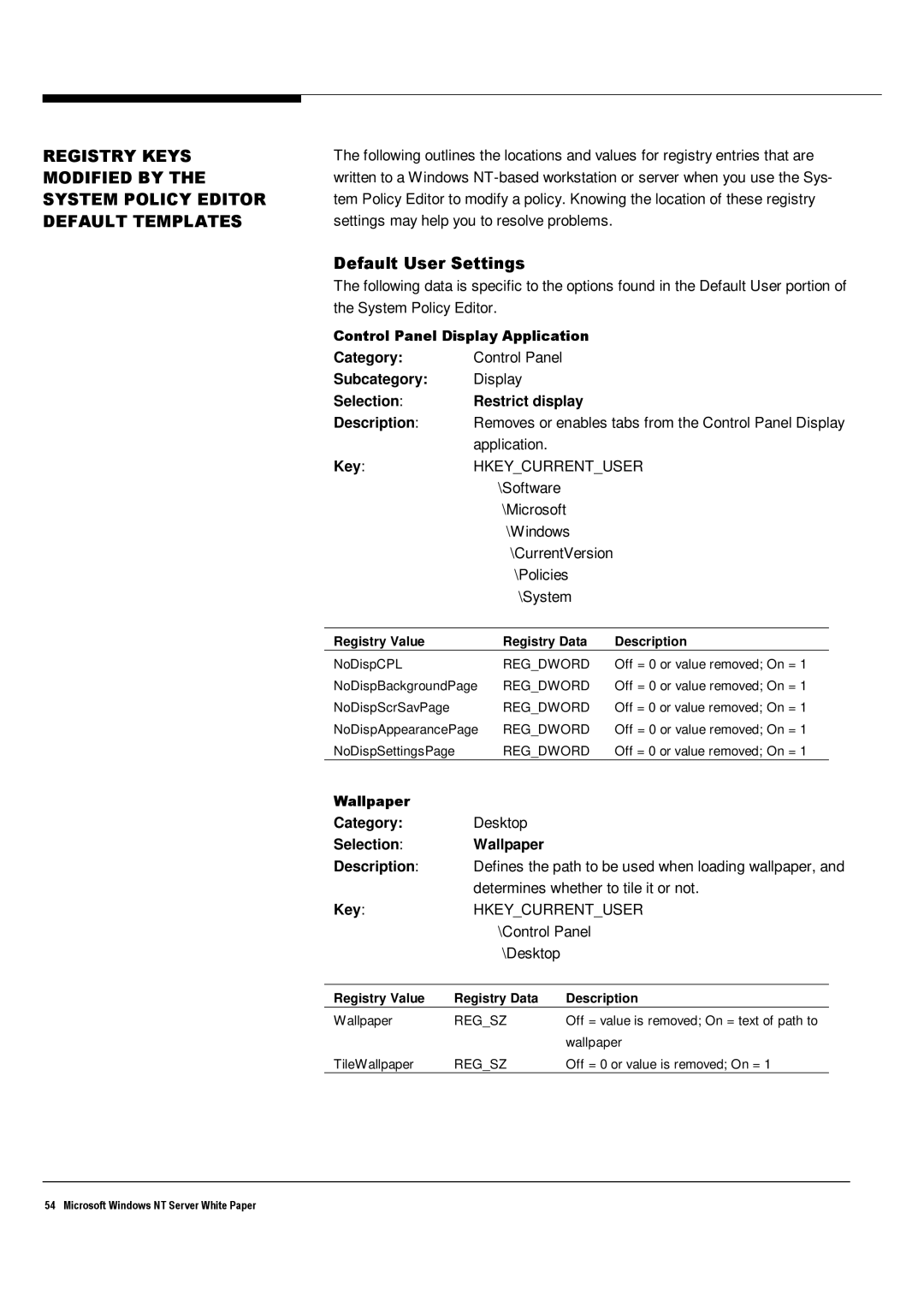 Microsoft Windows NT 4.0 manual Default User Settings 