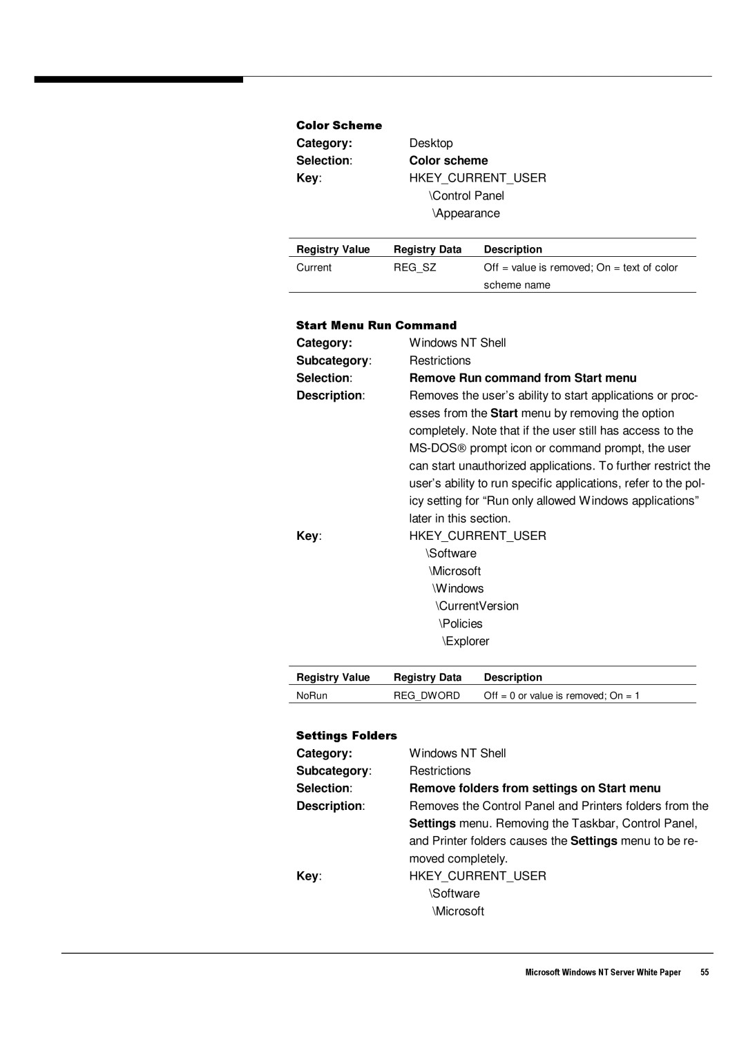 Microsoft Windows NT 4.0 manual Selection Color scheme Key, Selection Remove Run command from Start menu Description 