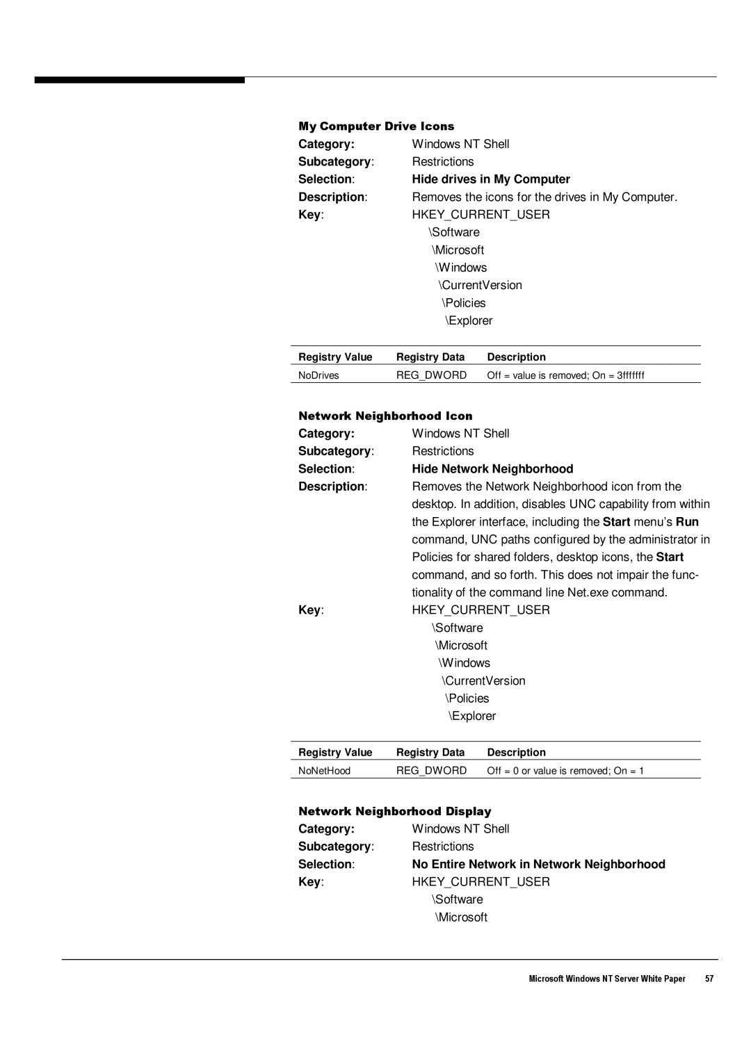 Microsoft Windows NT 4.0 Selection Hide drives in My Computer Description, Selection Hide Network Neighborhood Description 