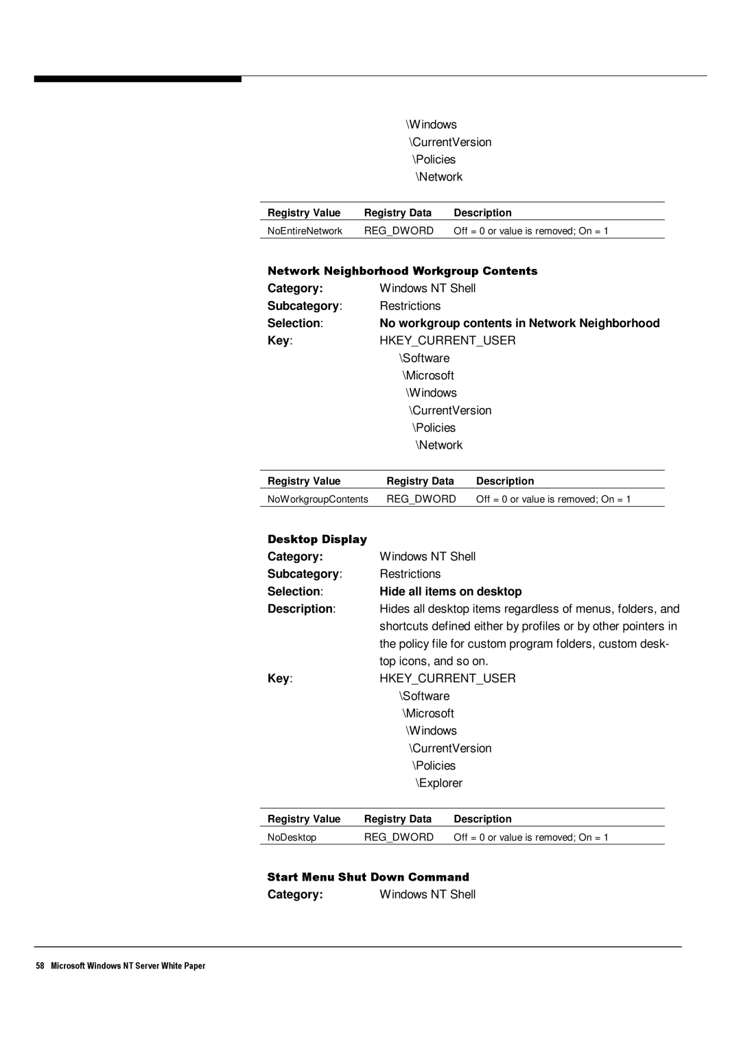 Microsoft Windows NT 4.0 manual Selection No workgroup contents in Network Neighborhood Key 