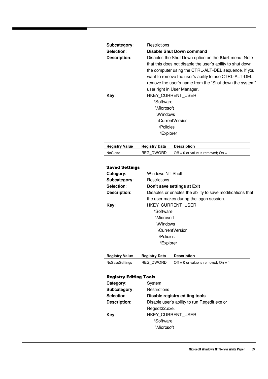 Microsoft Windows NT 4.0 Selection Disable Shut Down command Description, Selection Dont save settings at Exit Description 