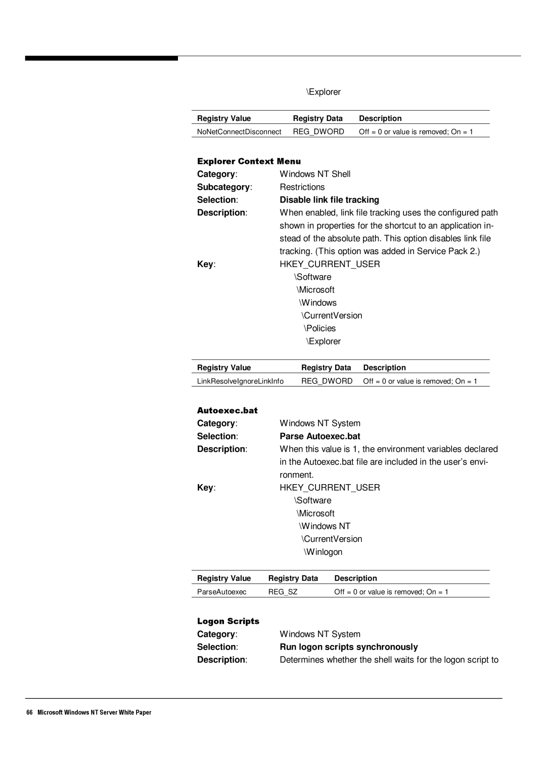 Microsoft Windows NT 4.0 manual Selection Disable link file tracking Description 