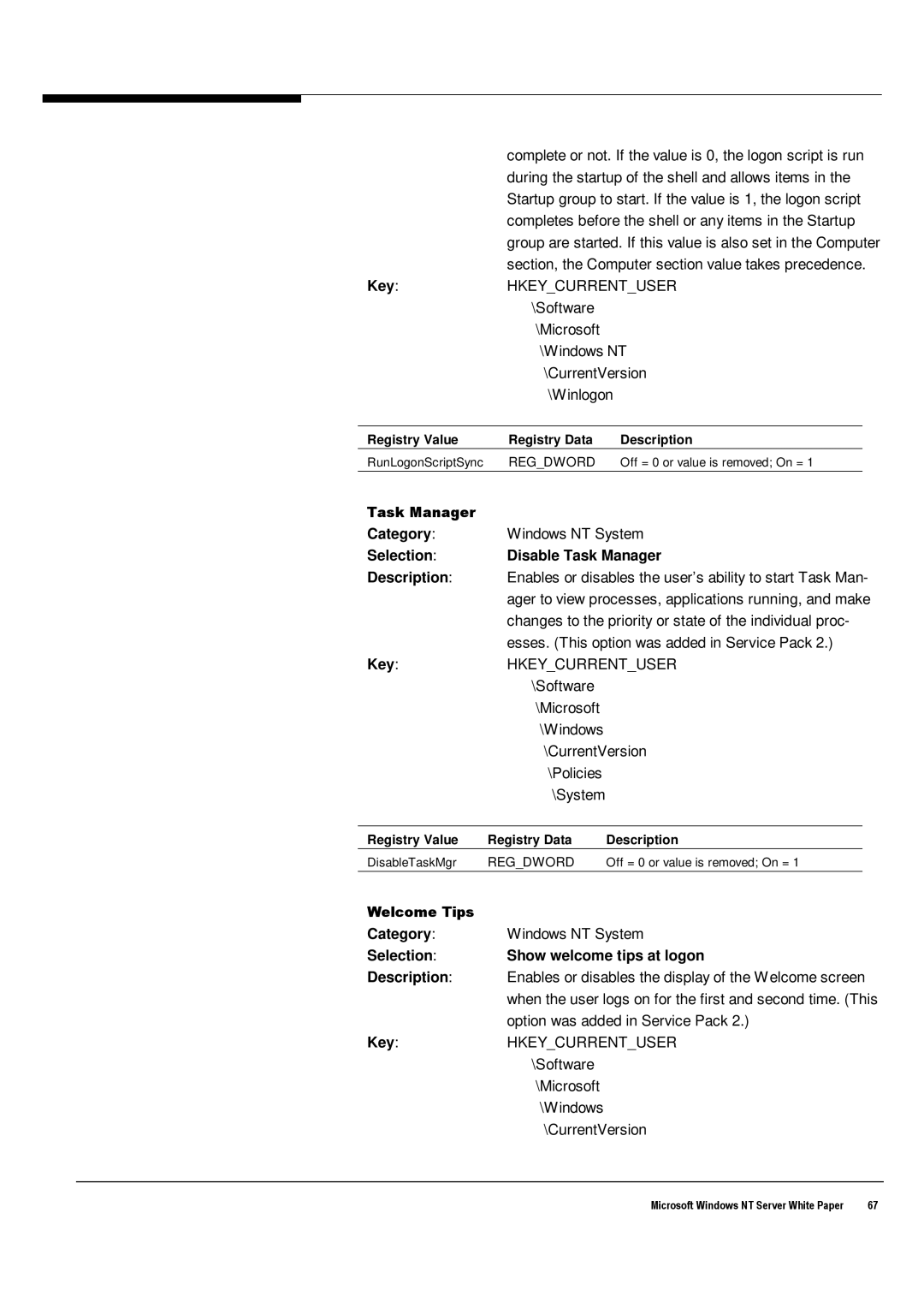 Microsoft Windows NT 4.0 Selection Disable Task Manager Description, Selection Show welcome tips at logon Description 