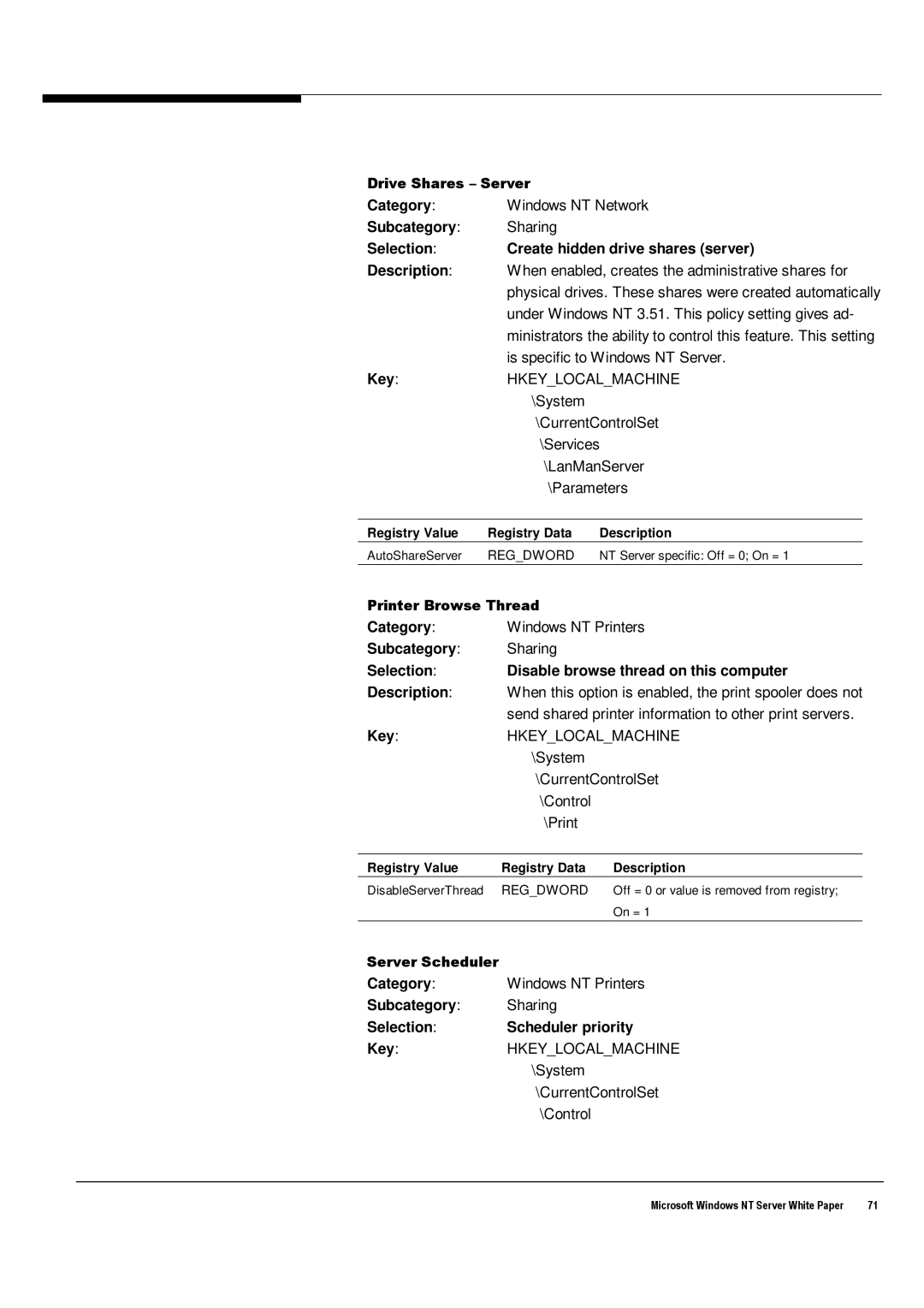 Microsoft Windows NT 4.0 manual Selection Create hidden drive shares server Description, Selection Scheduler priority Key 