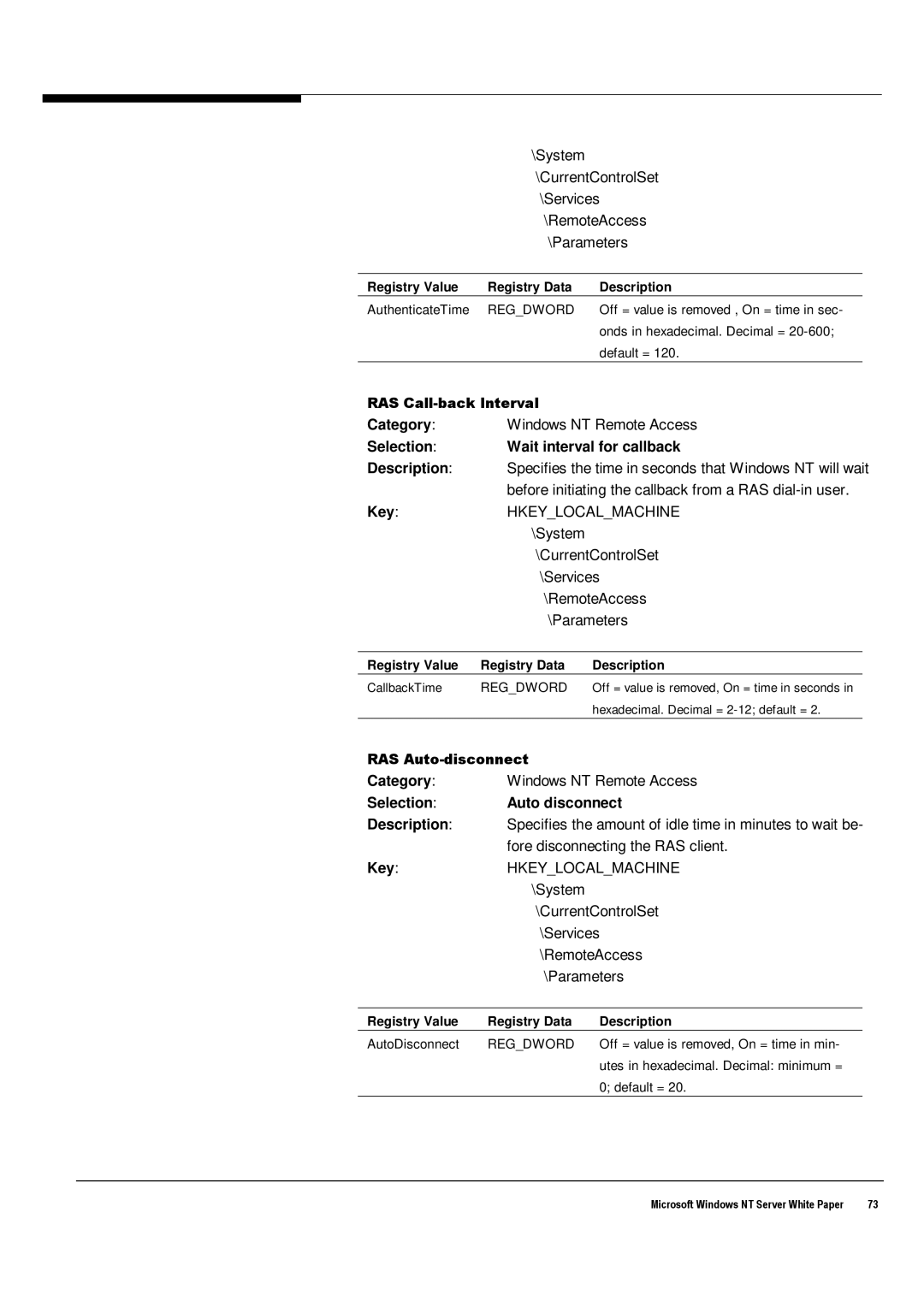 Microsoft Windows NT 4.0 manual SelectionWait interval for callback, SelectionAuto disconnect, RAS Call-back Interval 