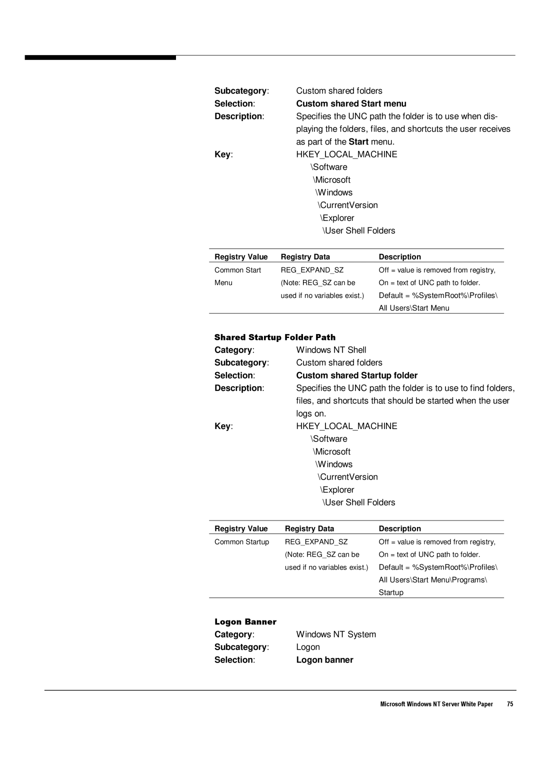 Microsoft Windows NT 4.0 manual Selection Custom shared Start menu Description, Selection Logon banner 