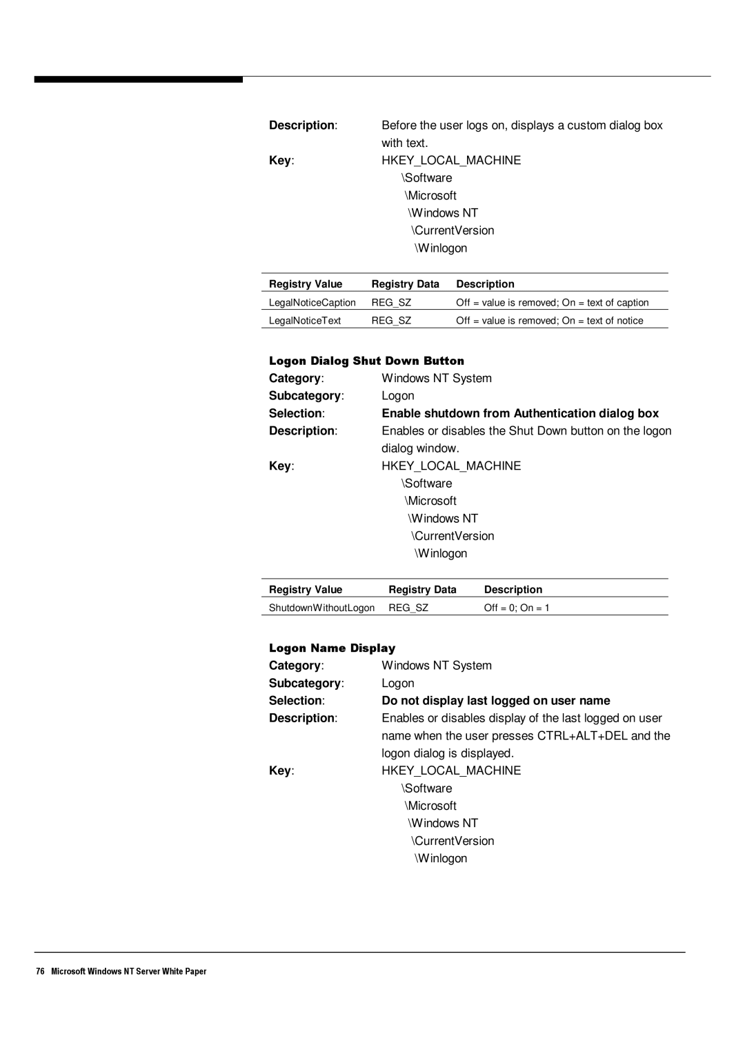 Microsoft Windows NT 4.0 manual With text, Dialog window, Enables or disables display of the last logged on user 