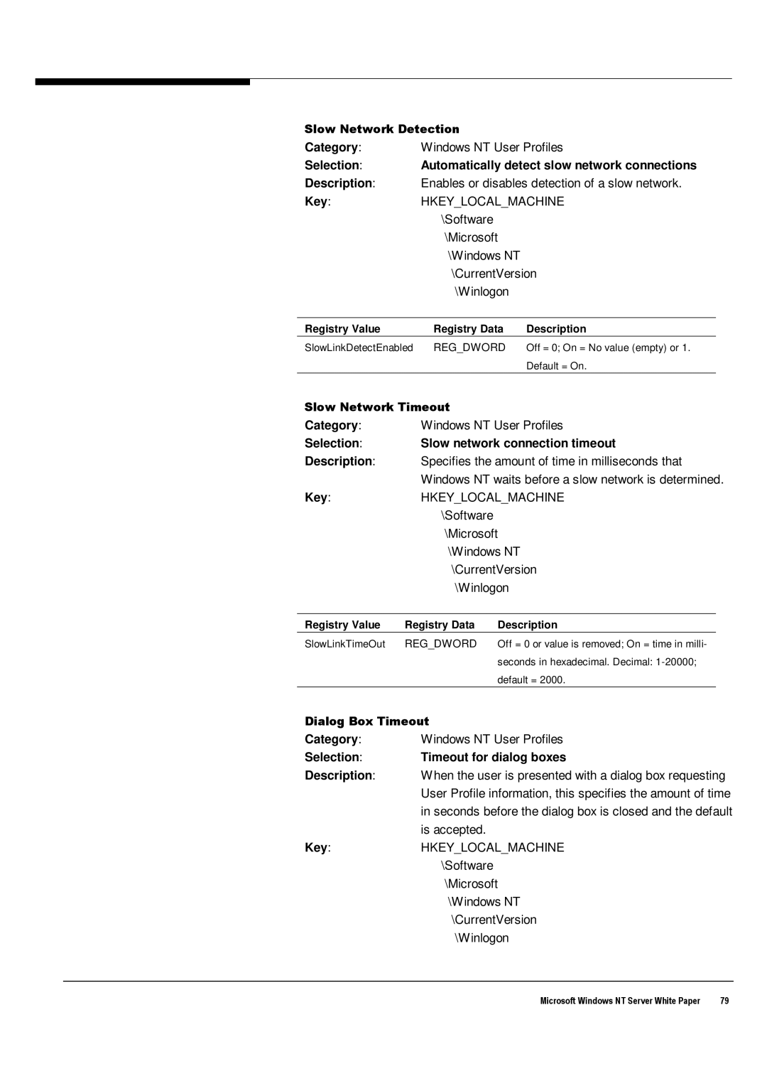 Microsoft Windows NT 4.0 SelectionAutomatically detect slow network connections, SelectionSlow network connection timeout 