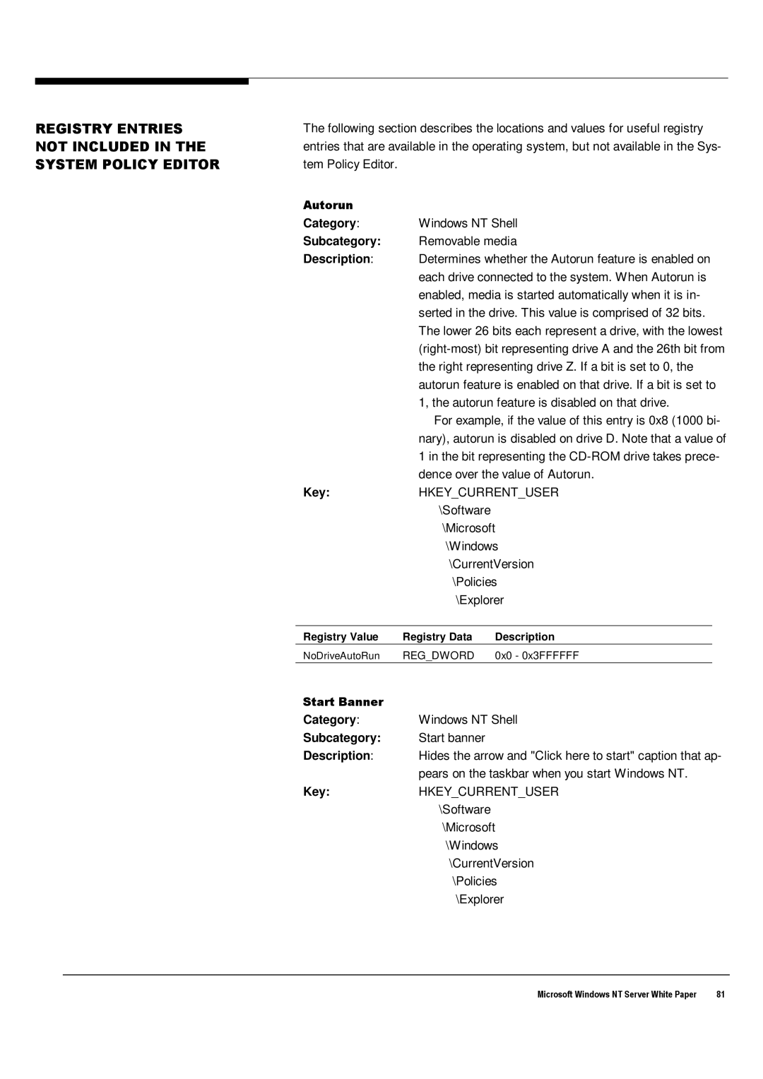 Microsoft Windows NT 4.0 manual Registry Entries not Included in the System Policy Editor 