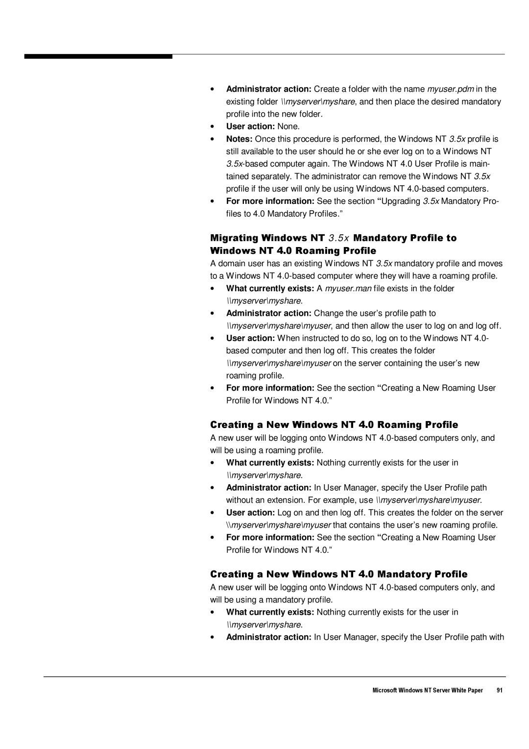 Microsoft manual Creating a New Windows NT 4.0 Roaming Profile, Creating a New Windows NT 4.0 Mandatory Profile 