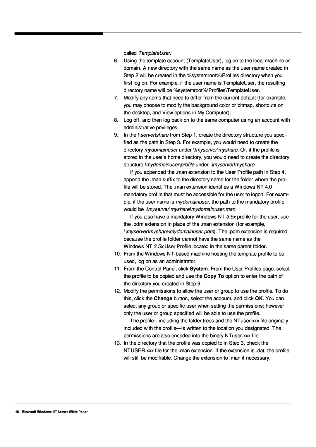 Microsoft Windows NT 4.0 manual called TemplateUser, Microsoft Windows NT Server White Paper 