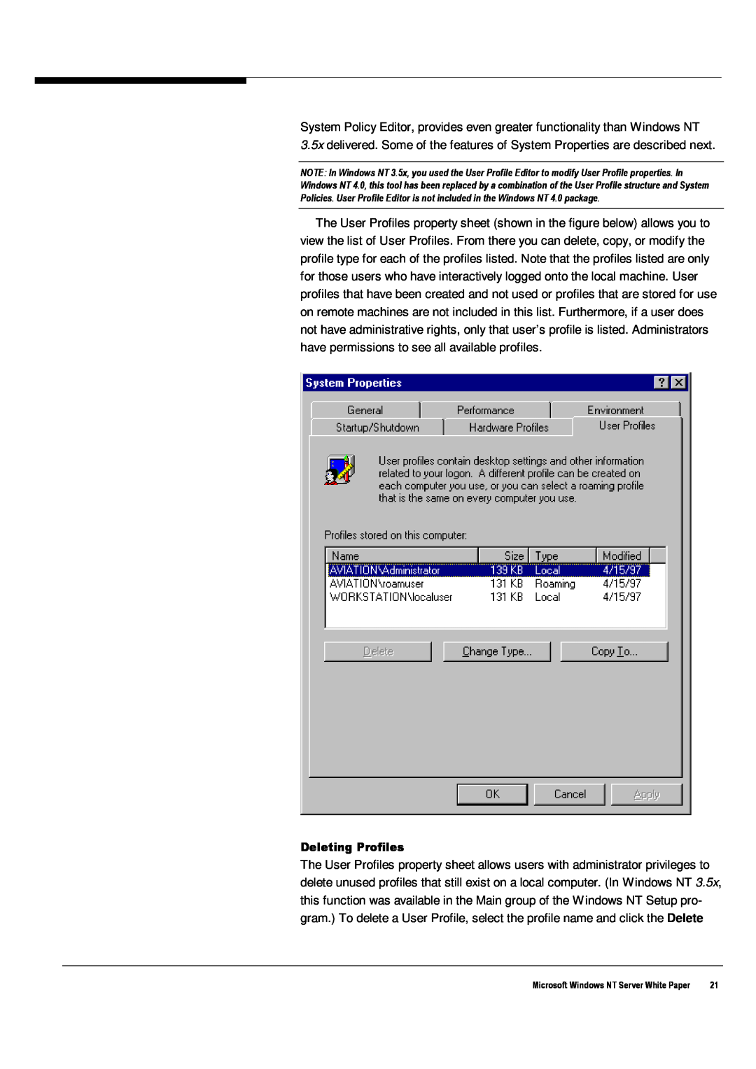 Microsoft Windows NT 4.0 manual Deleting Profiles 