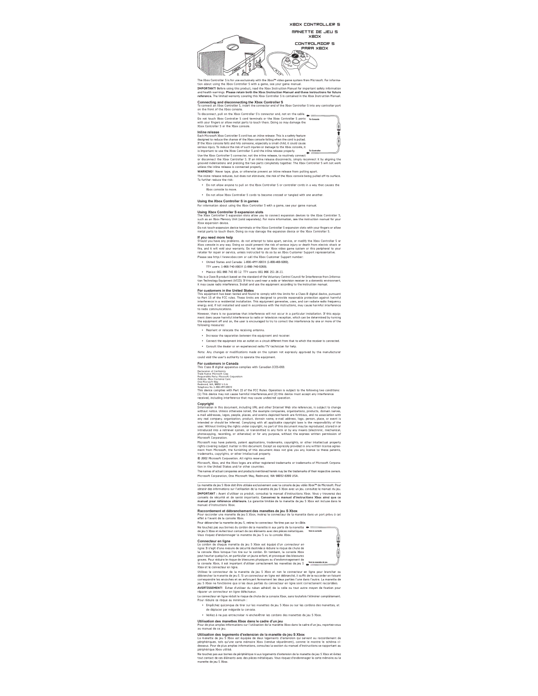 Microsoft X08-78482 instruction manual Connecting and disconnecting the Xbox Controller S, Inline release, Copyright 