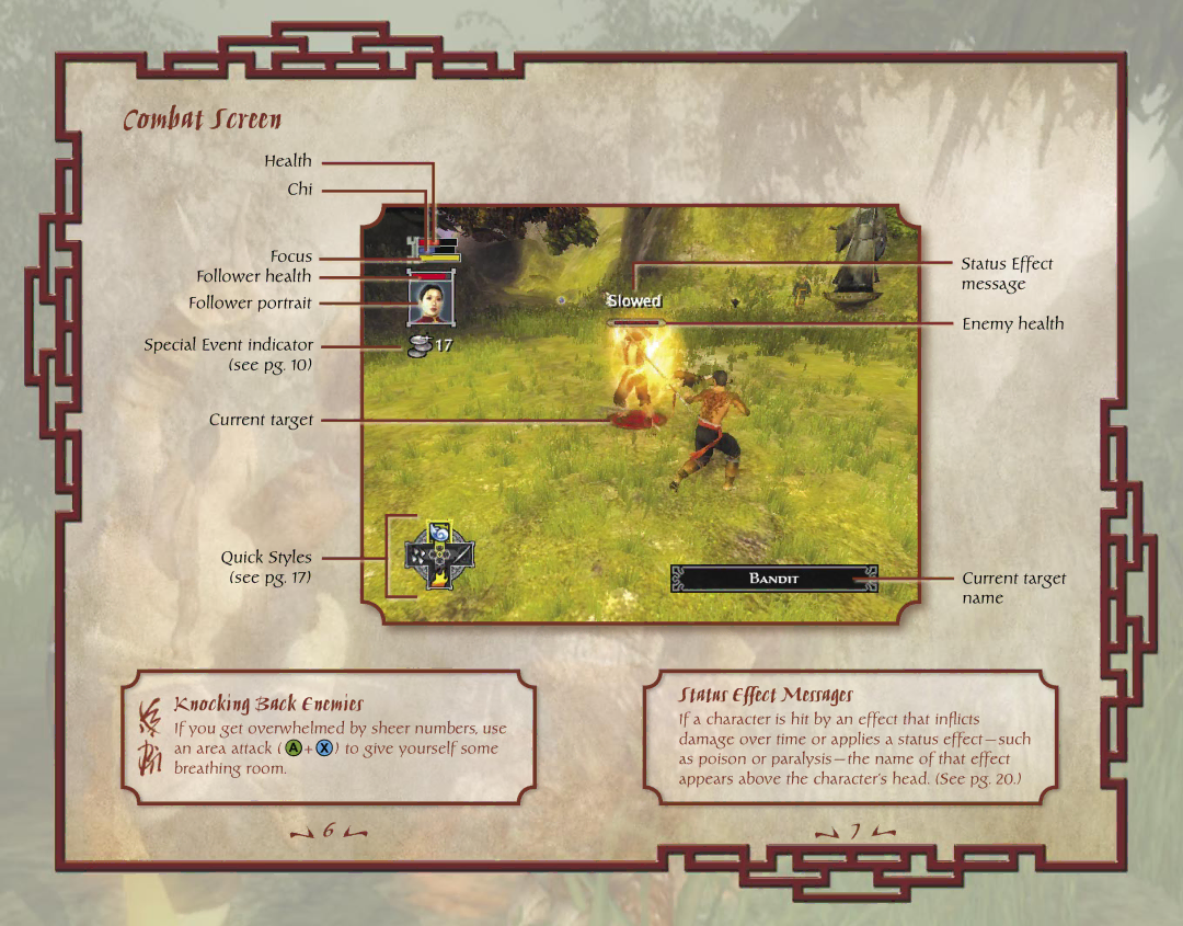 Microsoft X10-99979 manual Combat Screen, Knocking Back Enemies, Status Effect Messages 