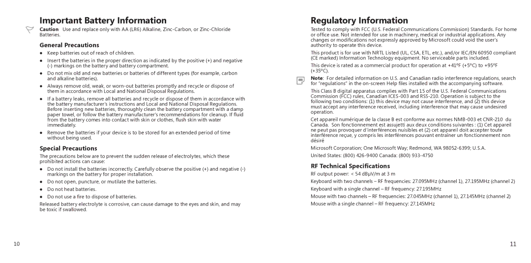 Microsoft X11-27312 manual Important Battery Information, Regulatory Information, General Precautions, Special Precautions 