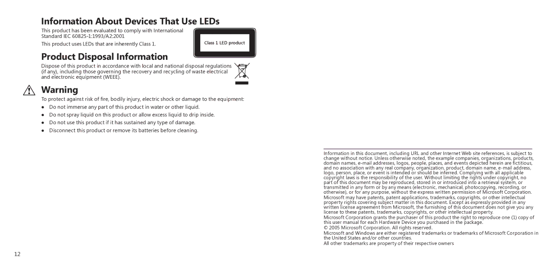 Microsoft X11-27312 manual Information About Devices That Use LEDs, Product Disposal Information 