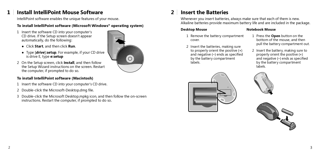 Microsoft X11-27312 Install IntelliPoint Mouse Software, Insert the Batteries, To install IntelliPoint software Macintosh 