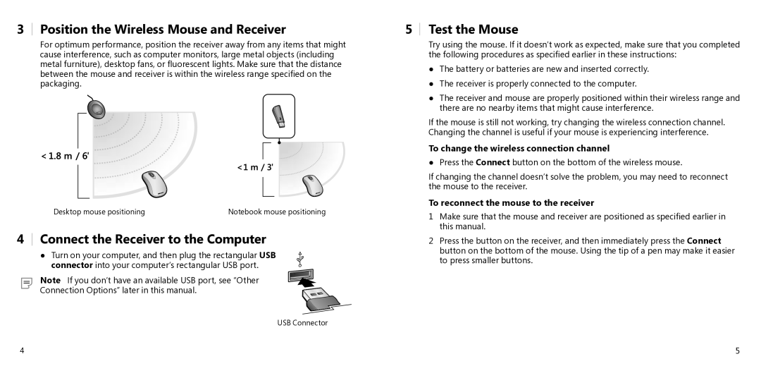 Microsoft X11-27312 manual Position the Wireless Mouse and Receiver, Connect the Receiver to the Computer, Test the Mouse 