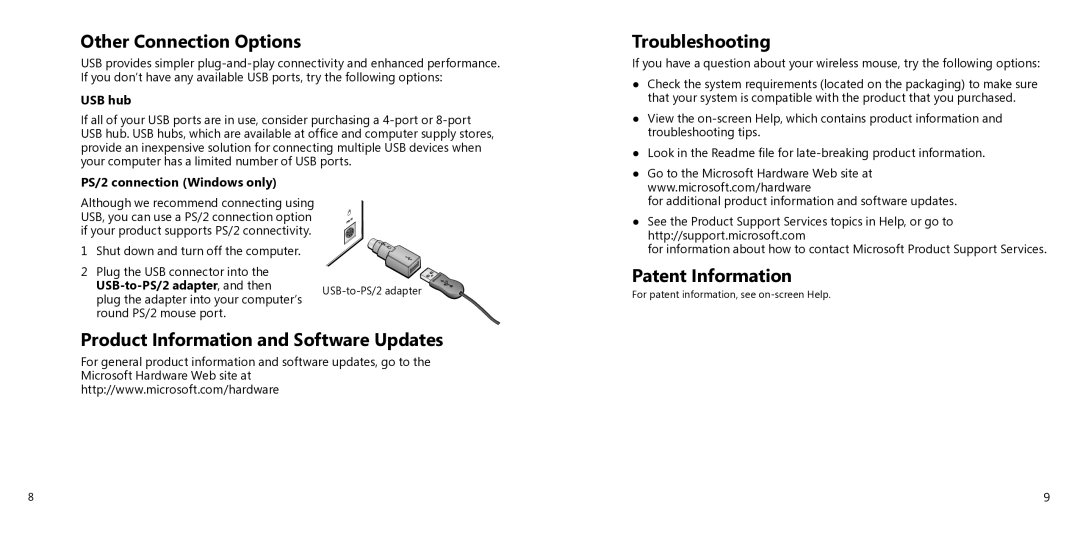 Microsoft X11-27312 manual Other Connection Options, Product Information and Software Updates, Troubleshooting, USB hub 