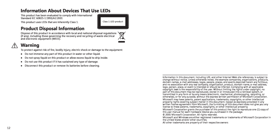 Microsoft X11-27312 manual Information About Devices That Use LEDs, Product Disposal Information 
