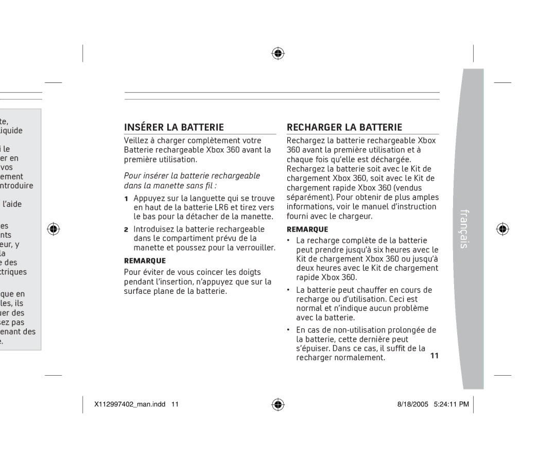 Microsoft X11-29974-02 manual Insérer LA Batterie, Recharger LA Batterie, Recharger normalement, Remarque 