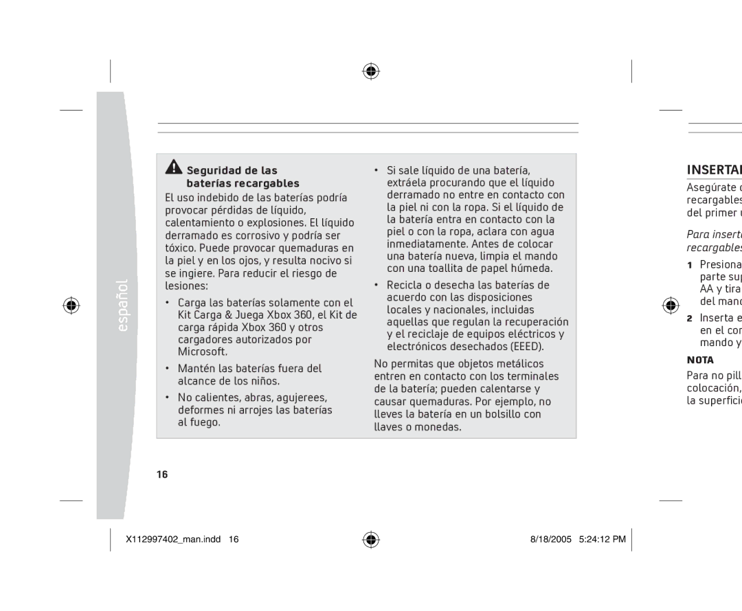 Microsoft X11-29974-02 manual Seguridad de las baterías recargables, Insertar, Nota 