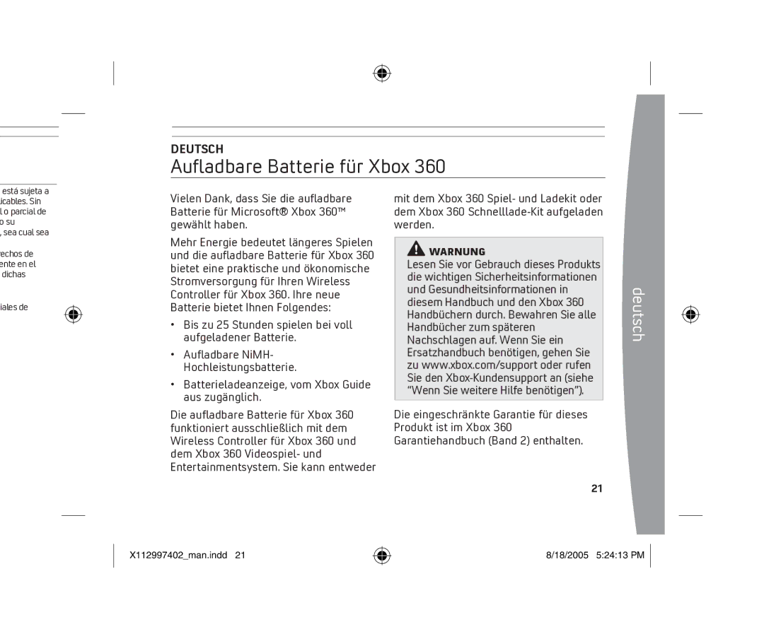 Microsoft X11-29974-02 Auﬂadbare Batterie für Xbox, Deutsch, Bis zu 25 Stunden spielen bei voll aufgeladener Batterie 