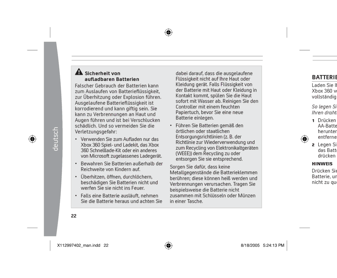 Microsoft X11-29974-02 manual Sicherheit von auﬂadbaren Batterien, Zur Überhitzung oder Explosion führen, Hinweis 