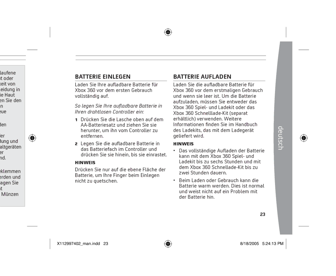 Microsoft X11-29974-02 manual Batterie Einlegen, Batterie Aufladen 