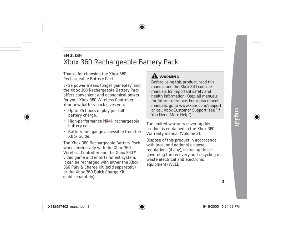 Microsoft X11-29974-02 manual Xbox 360 Rechargeable Battery Pack 