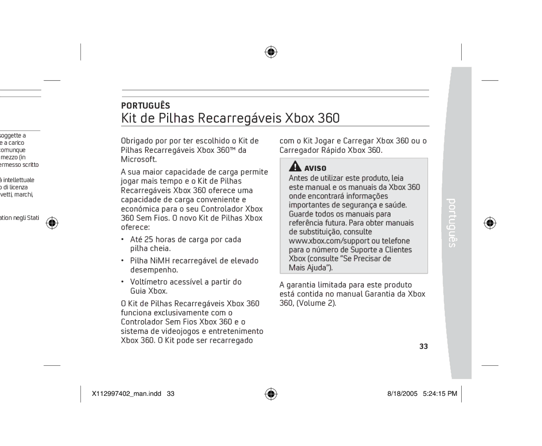 Microsoft X11-29974-02 manual Kit de Pilhas Recarregáveis Xbox, Português, Aviso 