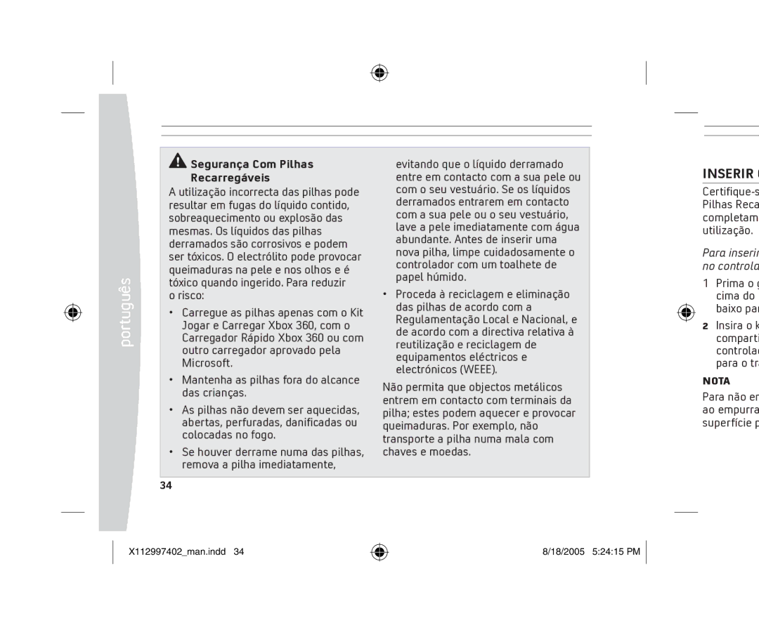 Microsoft X11-29974-02 manual Inserir, Segurança Com Pilhas Recarregáveis 