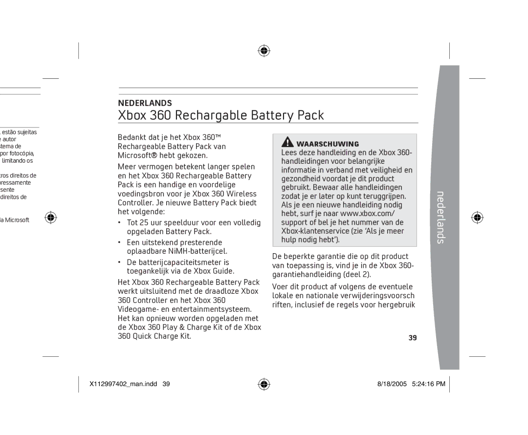 Microsoft X11-29974-02 manual Xbox 360 Rechargable Battery Pack, Nederlands, Waarschuwing 