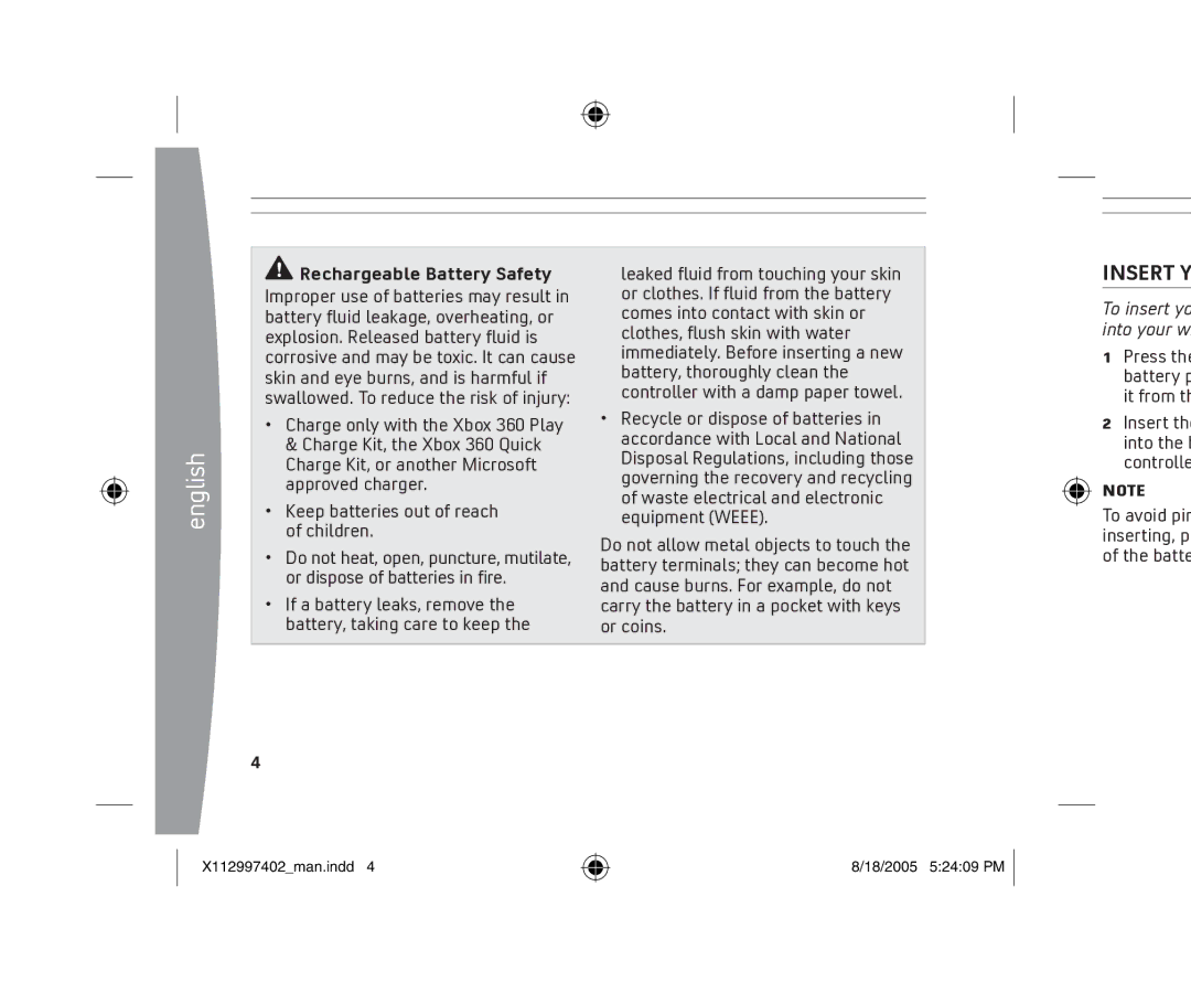 Microsoft X11-29974-02 manual Insert Y, Rechargeable Battery Safety 