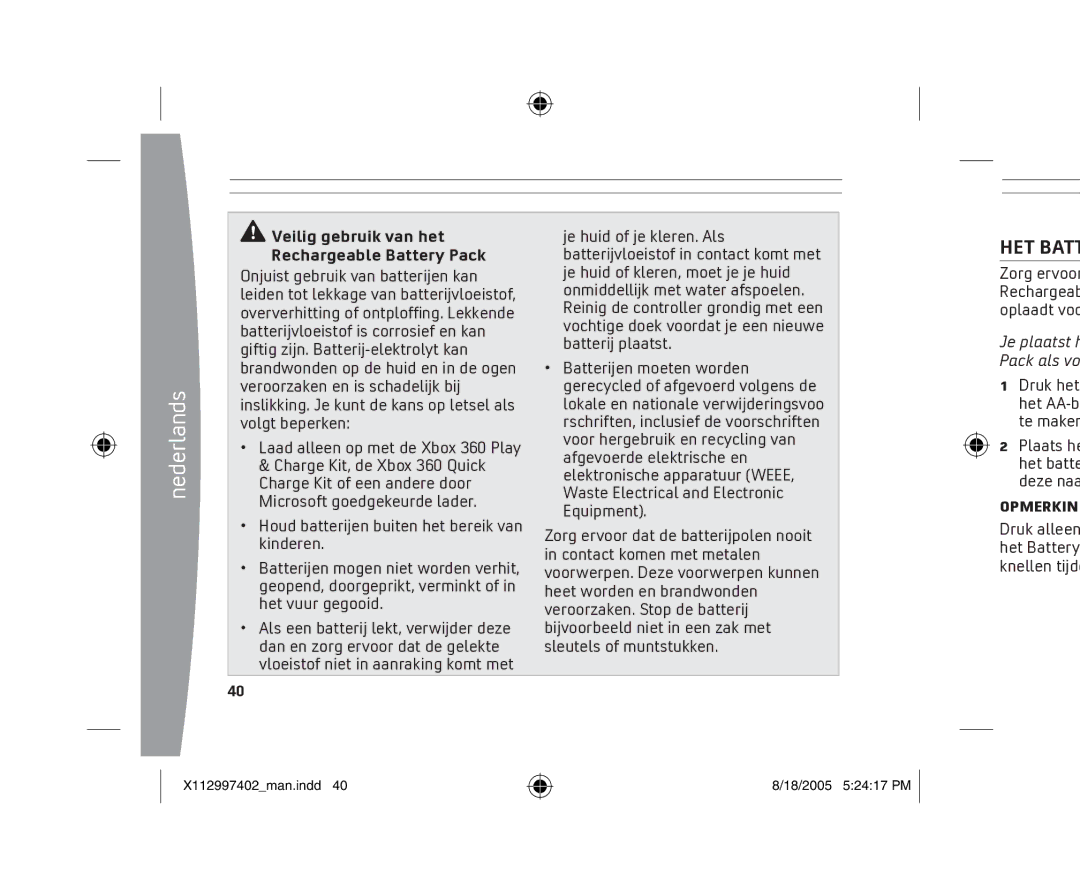 Microsoft X11-29974-02 manual HET Batt, Opmerkin 