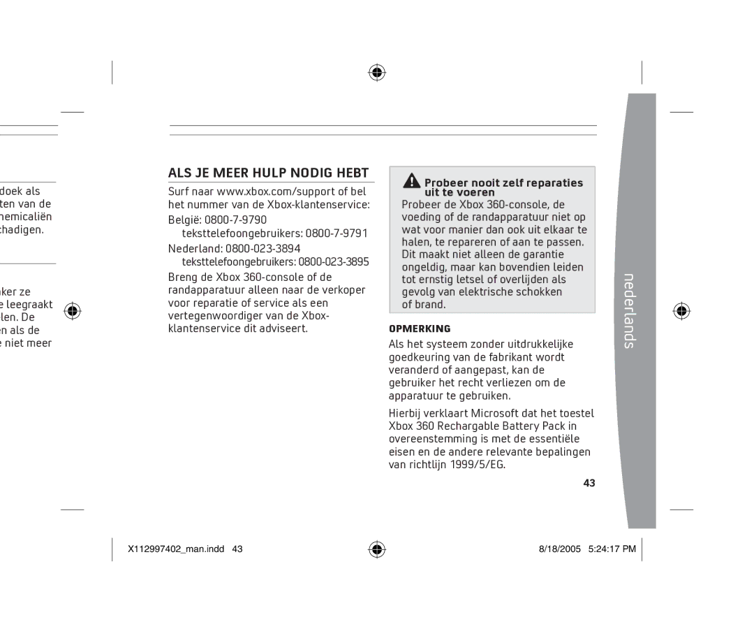 Microsoft X11-29974-02 manual ALS JE Meer Hulp Nodig Hebt, Probeer nooit zelf reparaties uit te voeren, Brand 