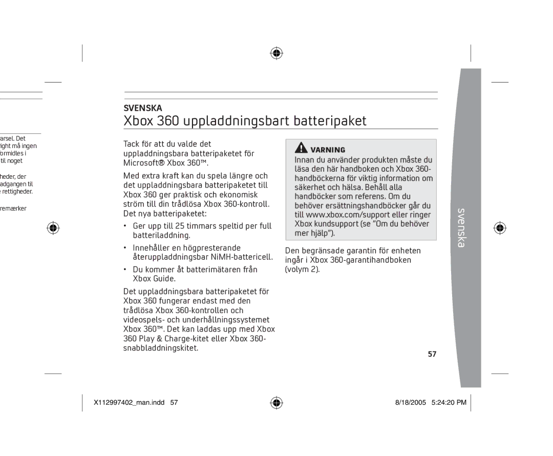 Microsoft X11-29974-02 manual Xbox 360 uppladdningsbart batteripaket, Svenska, Du kommer åt batterimätaren från Xbox Guide 