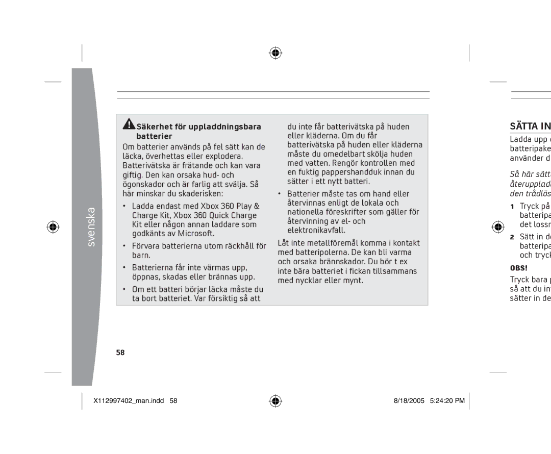 Microsoft X11-29974-02 Säkerhet för uppladdningsbara batterier, Förvara batterierna utom räckhåll för barn, Tryck på, Obs 