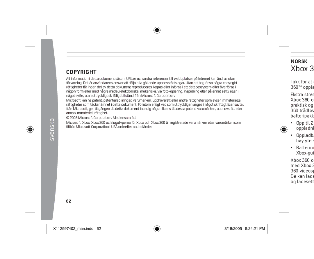 Microsoft X11-29974-02 manual Norsk, 360 trådløs batteripakk Opp til 25 oppladni, Batterini Xbox-gui 