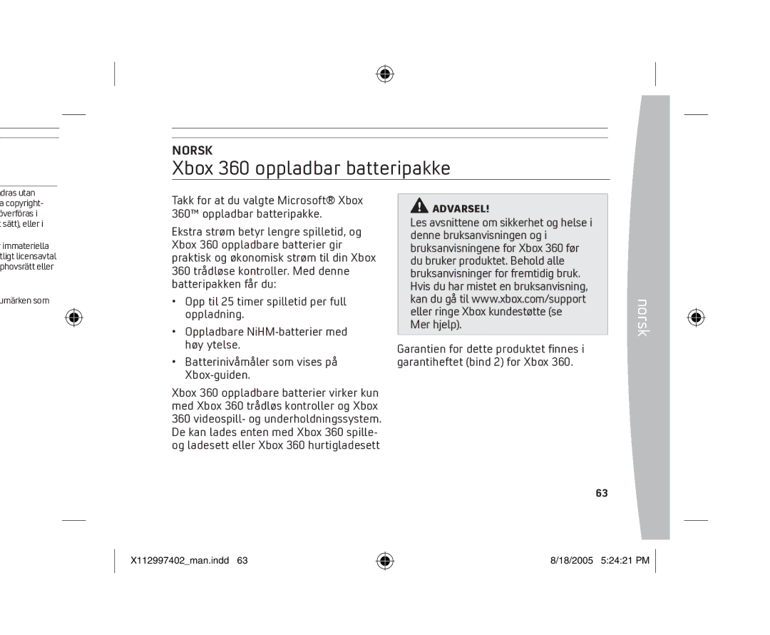Microsoft X11-29974-02 manual Xbox 360 oppladbar batteripakke 
