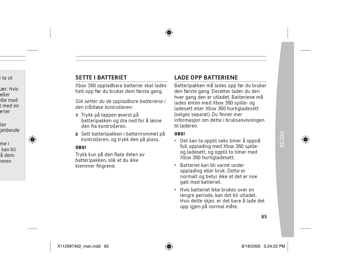 Microsoft X11-29974-02 manual Sette I Batteriet, Lade OPP Batteriene 