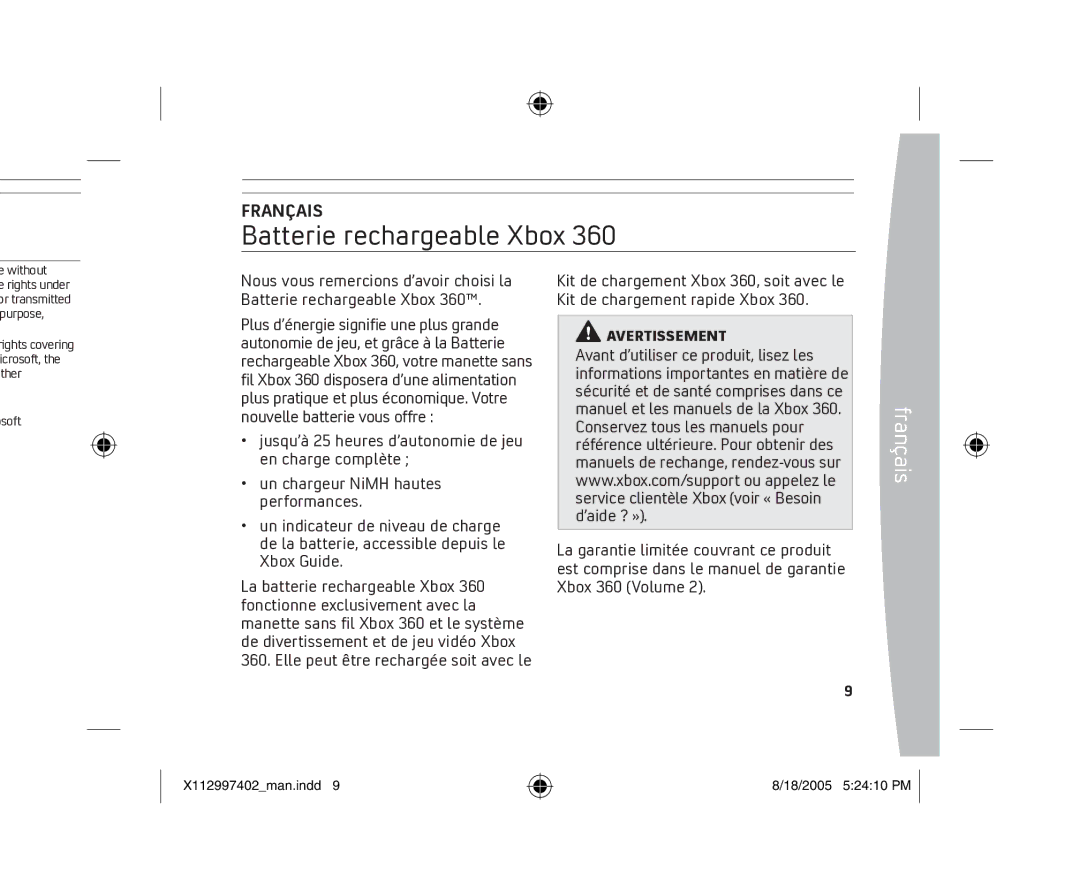 Microsoft X11-29974-02 manual Batterie rechargeable Xbox, Français, Avertissement 