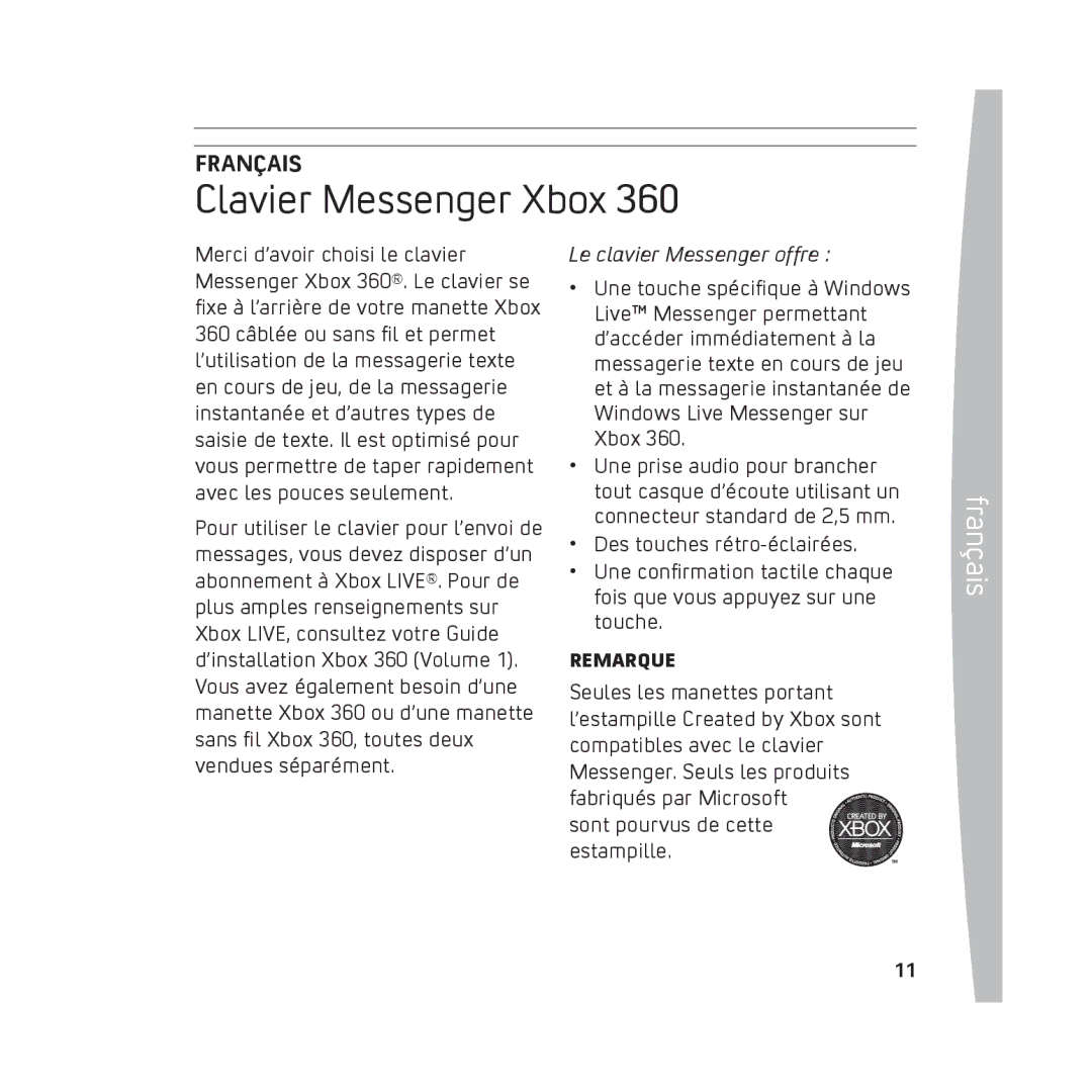 Microsoft 0803 Sans fil Xbox 360, toutes deux vendues séparément, Le clavier Messenger offre, Compatibles avec le clavier 