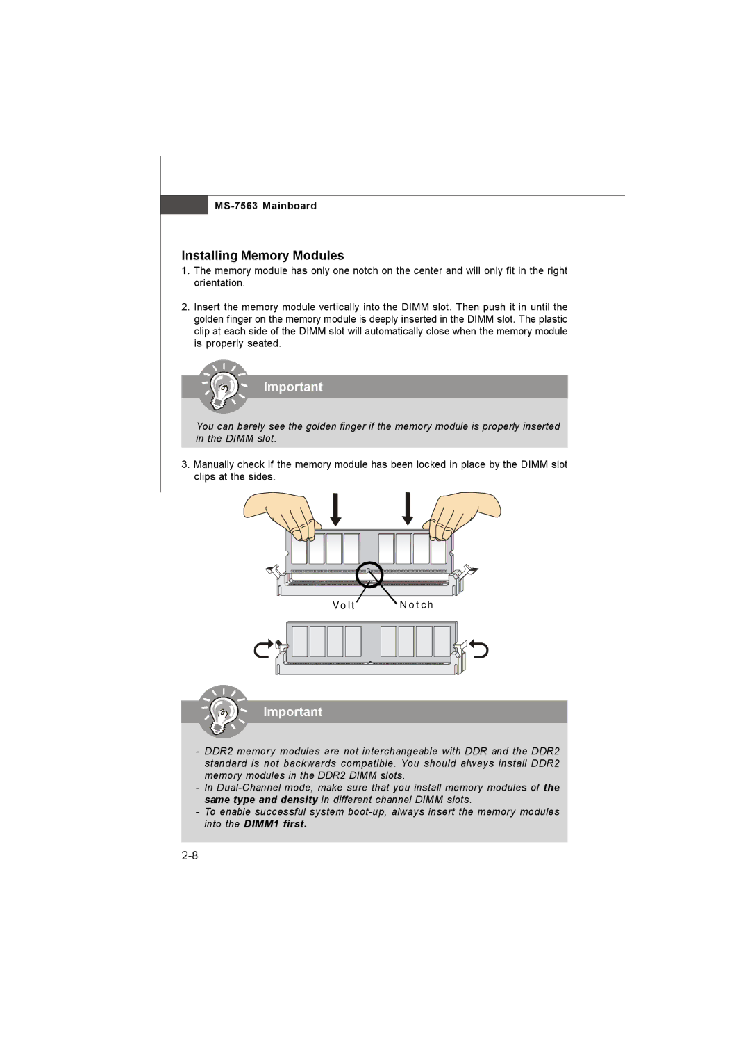 Microstar G41M manual Installing Memory Modules, Volt Notch 