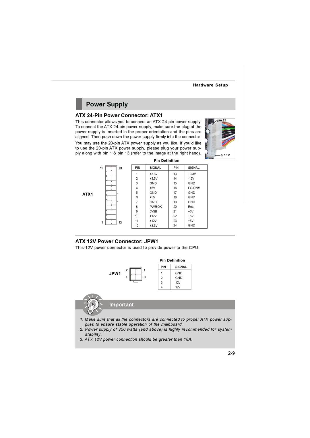 Microstar G41M manual Power Supply, ATX 24-Pin Power Connector ATX1, ATX 12V Power Connector JPW1 