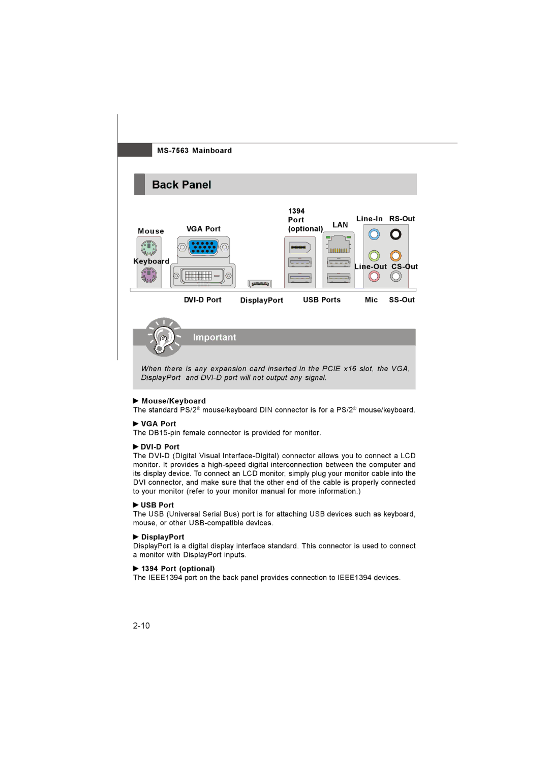 Microstar G41M manual Back Panel 