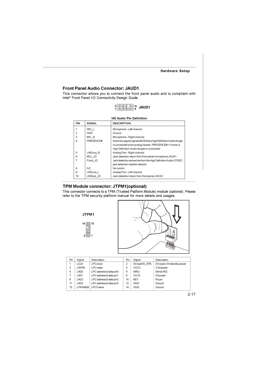 Microstar G41M manual Front Panel Audio Connector JAUD1, TPM Module connector JTPM1optional 